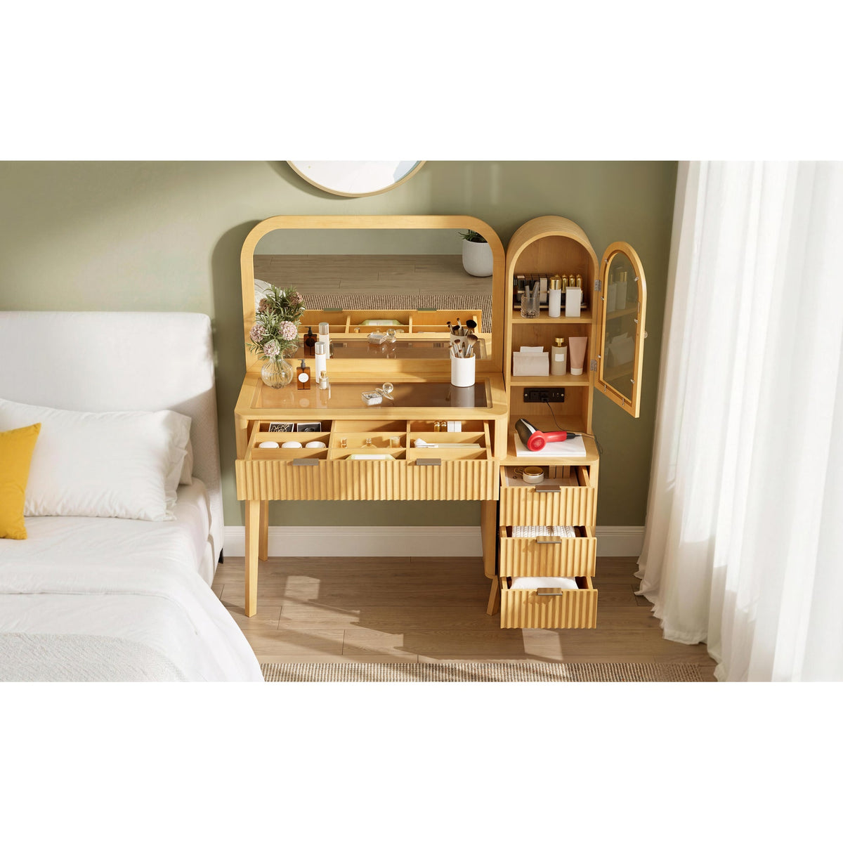 Roomfitters 48-Inch Fluted Makeup Vanity Desk with Arched Tower Glass Cabinet and Built-In Power Charging Station Natural Roomfitters