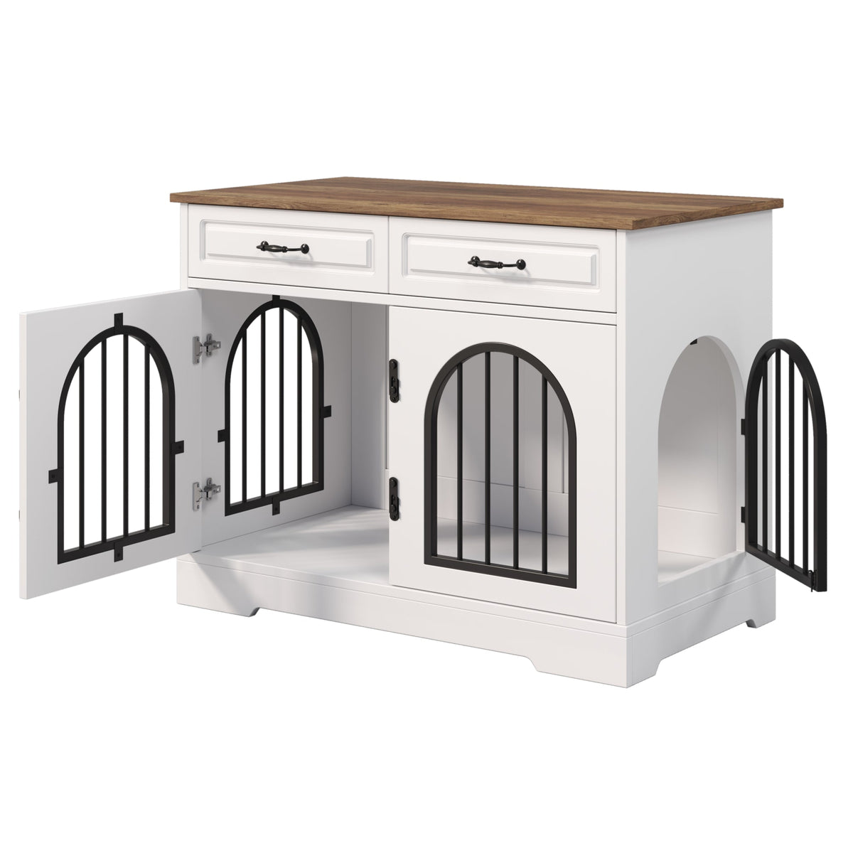 Roomfitters 43-Inch Heavy Duty Indoor Dog Crate Furniture End Table with Escape Proof Arched Doors White Brown Roomfitters