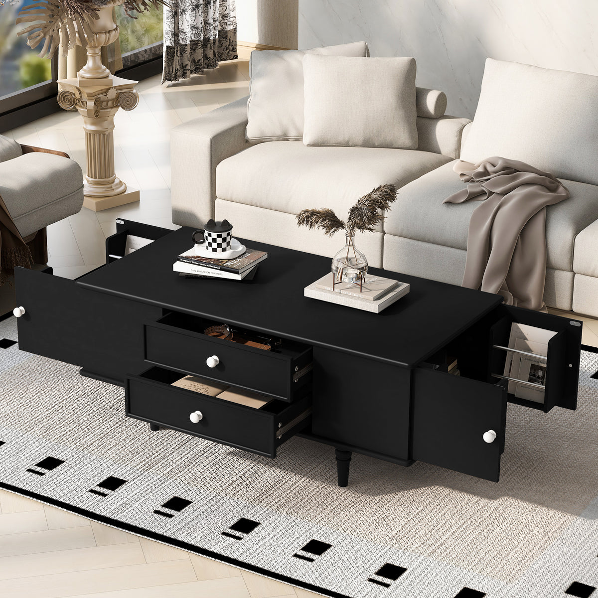 variant-group:rf-n724p286418b|Roomfitters Modern Rectangle Coffee Table with 4 Drawers and Hidden Side Storage, Solid Wood Legs, Black