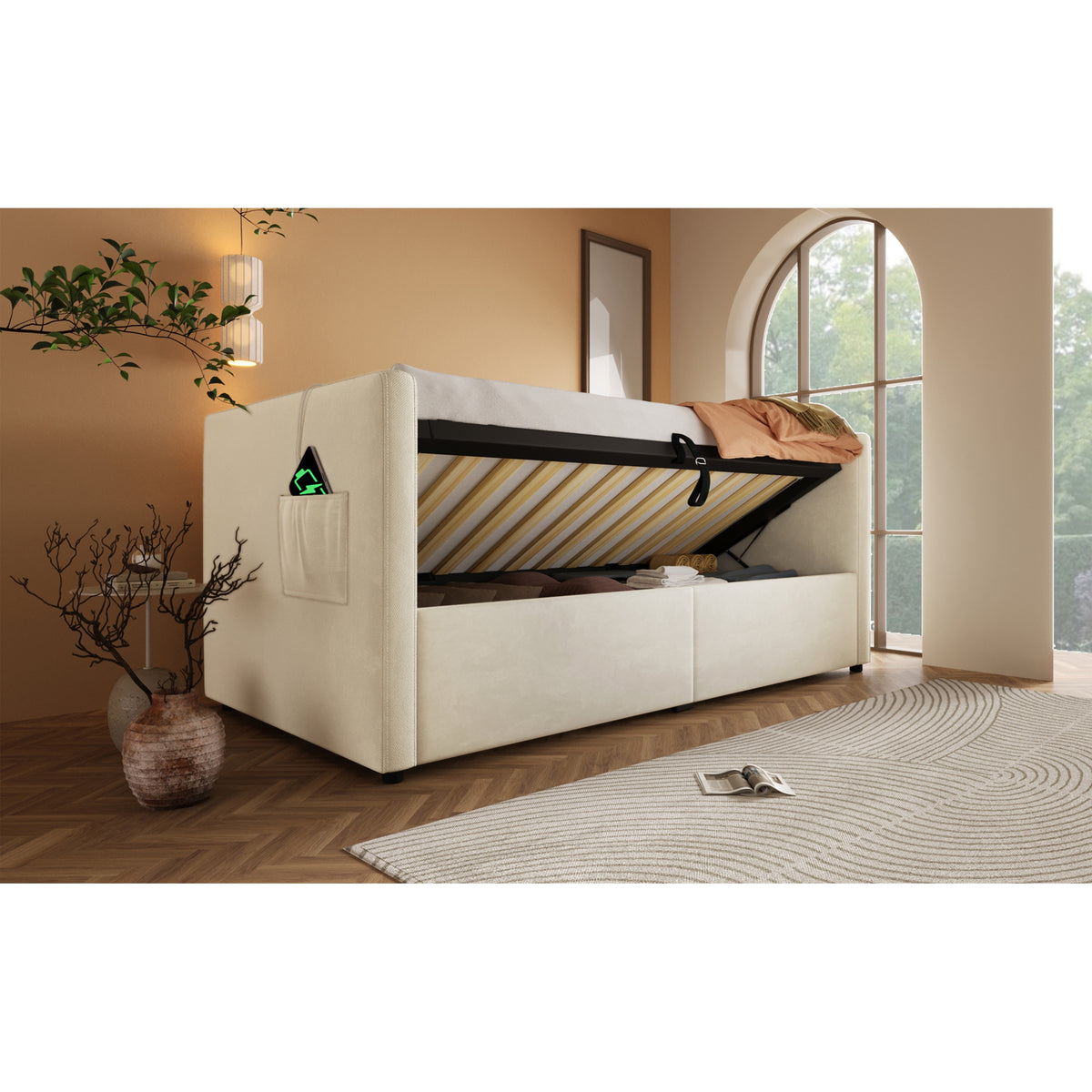 variant-group:rf-n736p303402b|Roomfitters Upholstered Twin Size Daybed with Storage, USB & Type-C Charging, Tufted Sofa Back, Velvet Beige