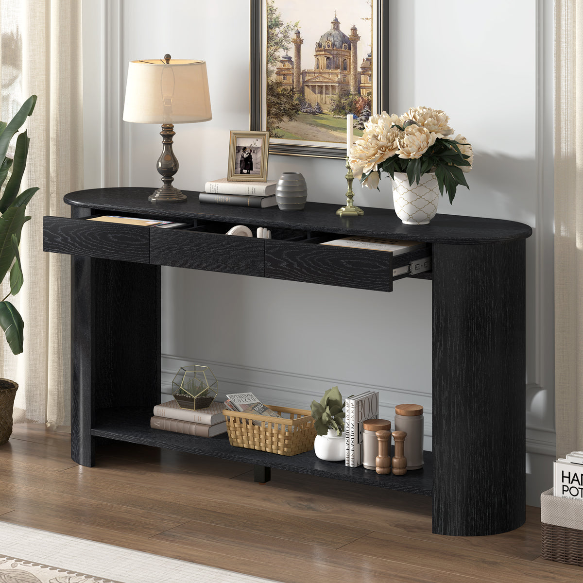 variant-group:rf-n711p395523b|Roomfitters Modern Farmhouse Black Oak Veneer Semi-Circular Console Table with 3 Drawers and Open Bottom Storage Shelf