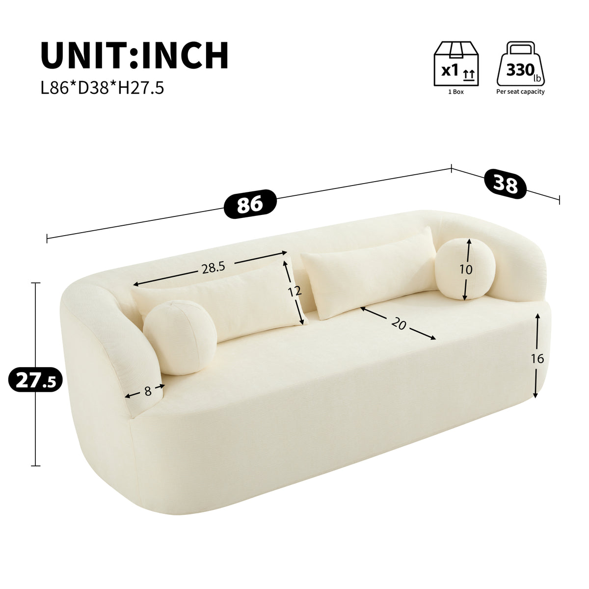 variant-group:rf-n723p404465a|Roomfitters 86 Inch Modern Curvy Sofa, 3-Seater Rounded Upholstered Couch with Plush Throw Pillows for Living Room, Beige