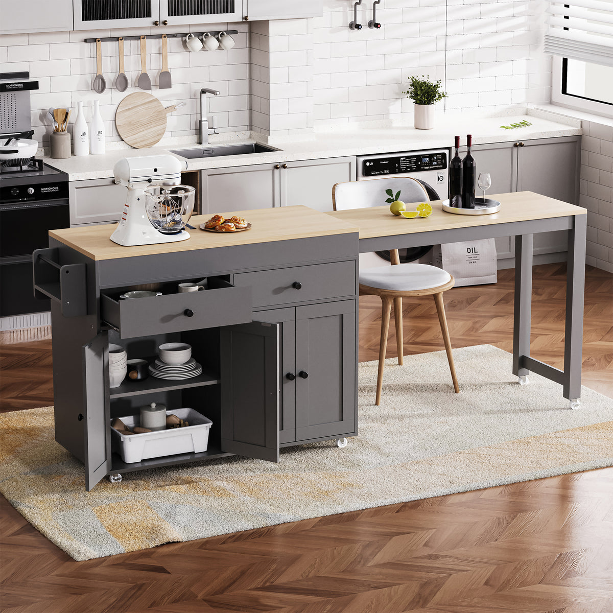 variant-group:rf-n707s000009g|Roomfitters 74.5" Kitchen Island with Extendable Table, Rolling Cart with Spice Rack, Storage Cabinet, Grey