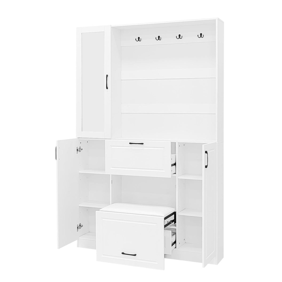 Roomfitters Entryway Bench with Shoe Cabinet and Mirror Door, Foldable Seat and 4 Hooks, White Roomfitters