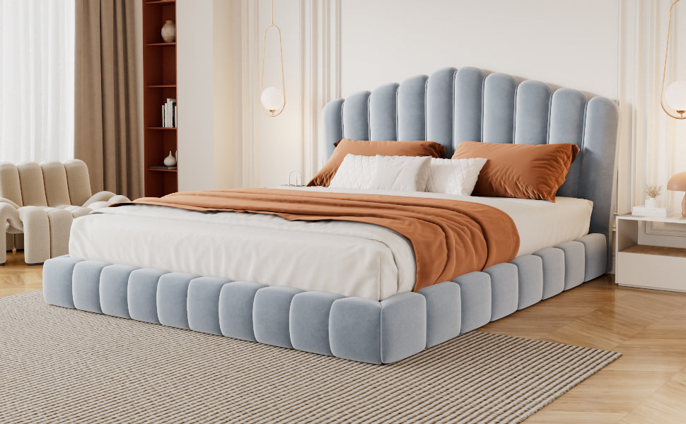 Roomfitters Queen Size Shell-Shaped Velvet Upholstered Platform Bed, Channel Tufted Headboard, No Box Spring Needed, Light Blue Roomfitters
