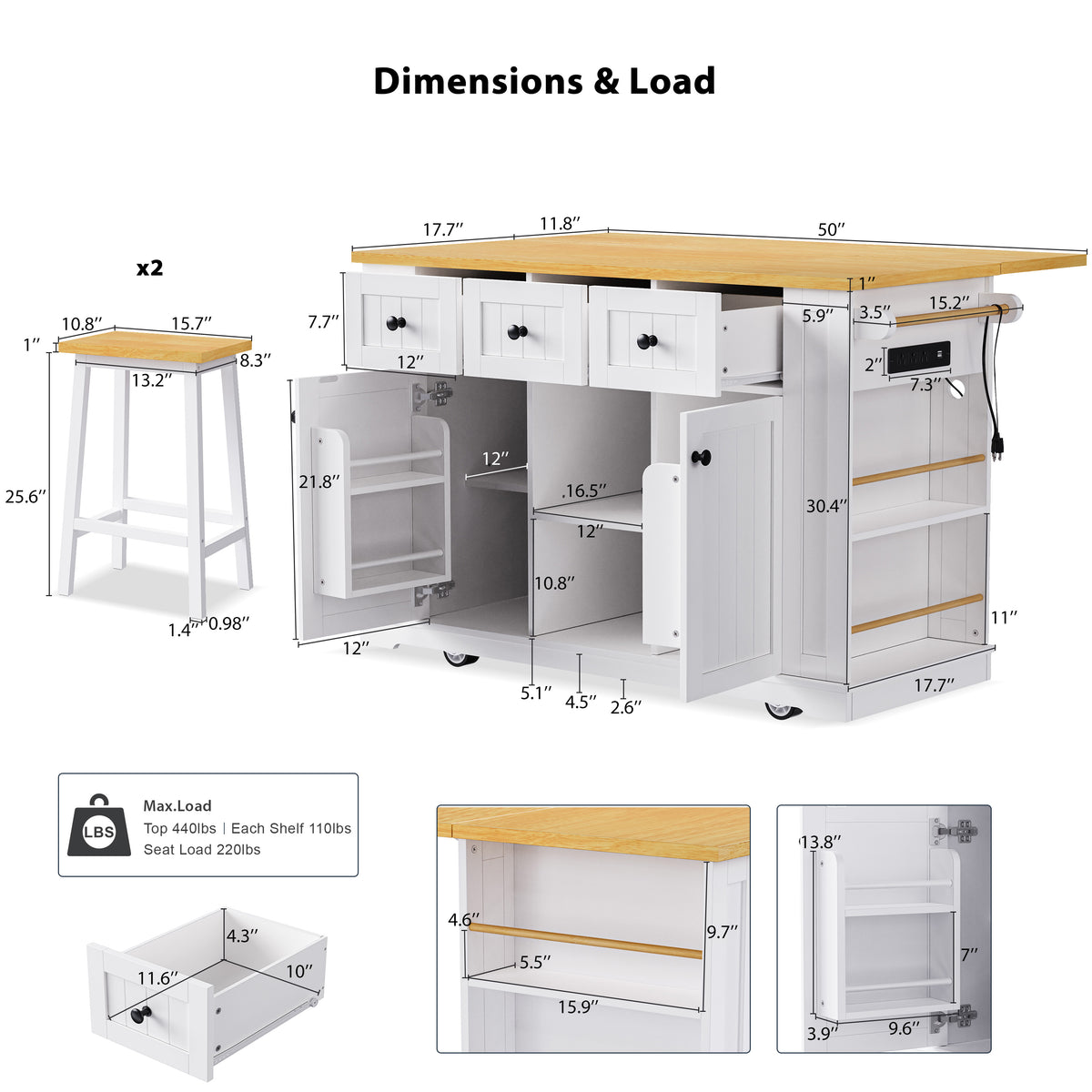 variant-group:rf-n707s003007w|Roomfitters 53" Kitchen Island with 2 Bar Stools, Drop Leaf, Power Outlet, Rolling Kitchen Cart Set with Storage, White