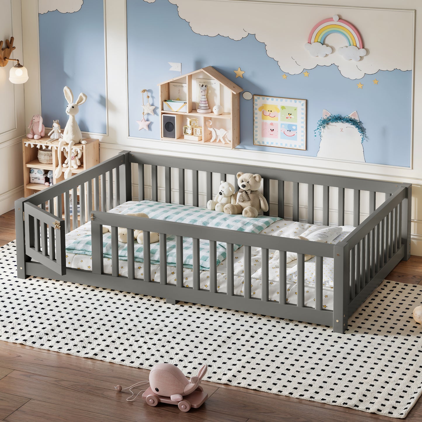 variant-group:rf-w1580p462318|Roomfitters Full Size Wooden Floor Bed Frame with Safety Guardrails Door, Solid Wood Low Profile Toddler Play Bed, Gray