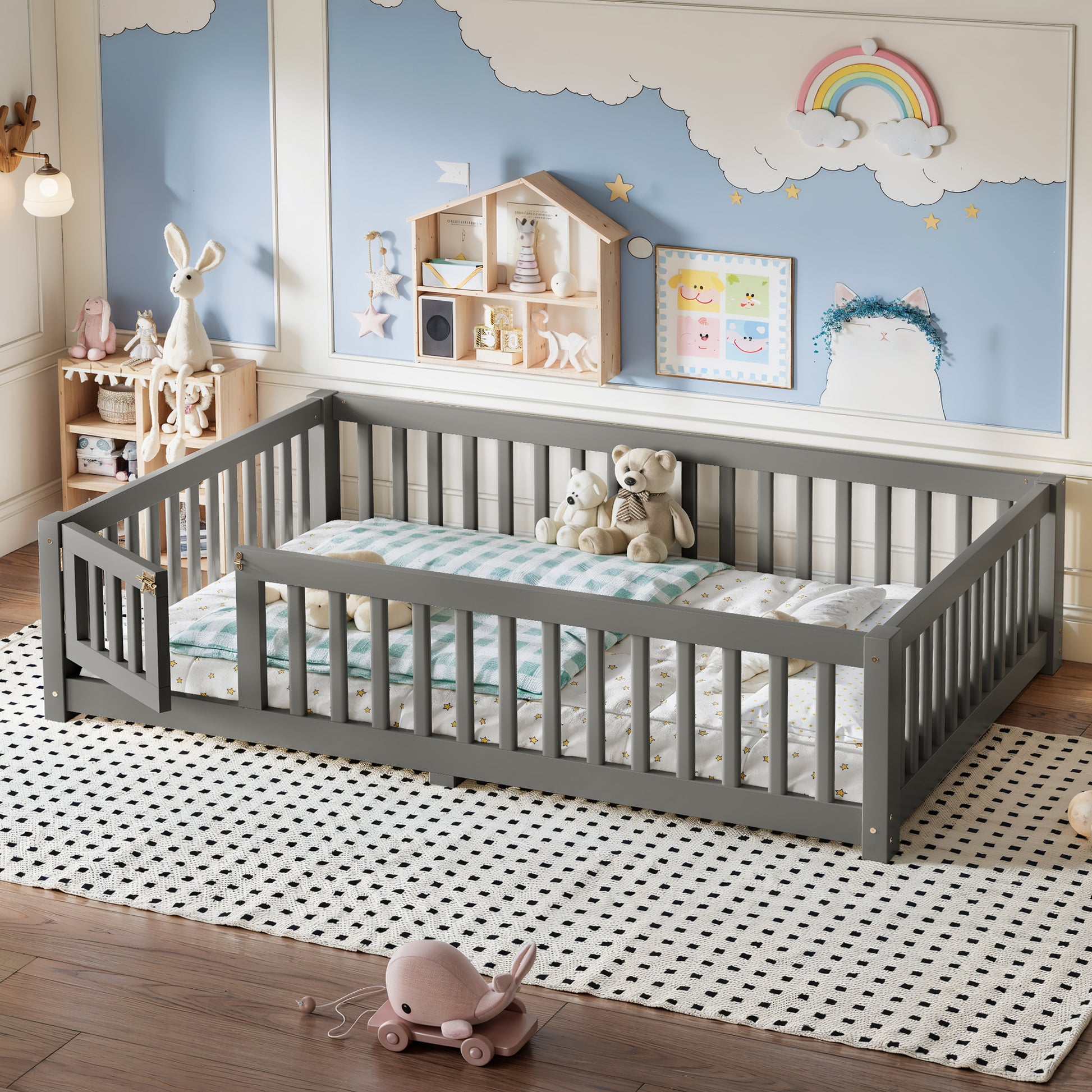 variant-group:rf-w1580p462318|Roomfitters Full Size Wooden Floor Bed Frame with Safety Guardrails Door, Solid Wood Low Profile Toddler Play Bed, Gray