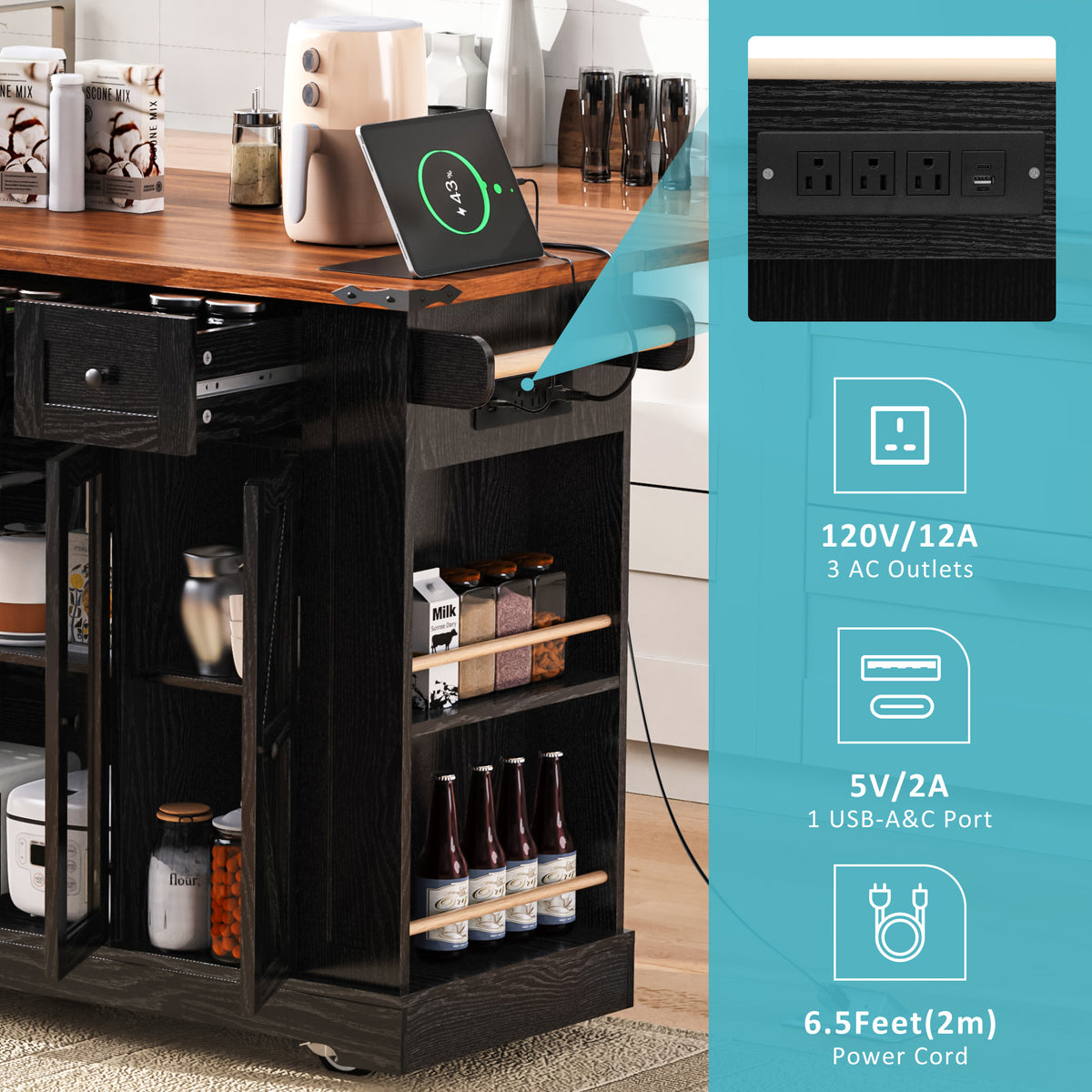 variant-group:rf-n707p263637b|Roomfitters 53" Rolling Kitchen Island with Drop Leaf, Mobile Cart with Glass Doors, 5 Side Shelves & Power Outlets, Black