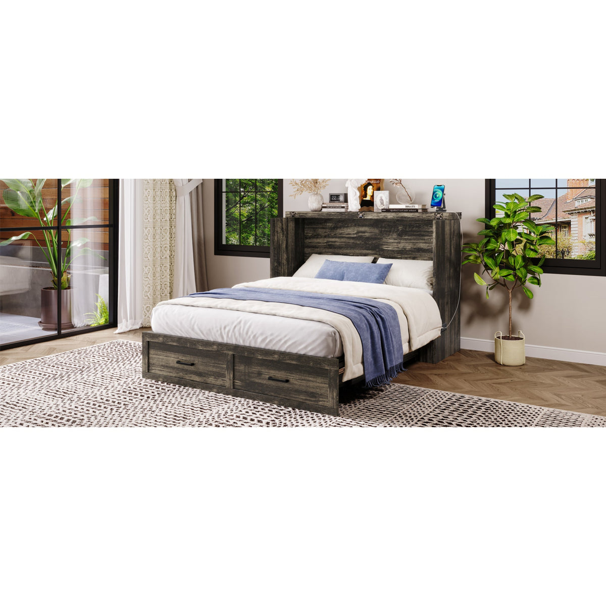 Roomfitters Queen Size Murphy Bed Cabinet with Charging Station, Foldable Platform Bed with Storage Drawer, Rustic Gray