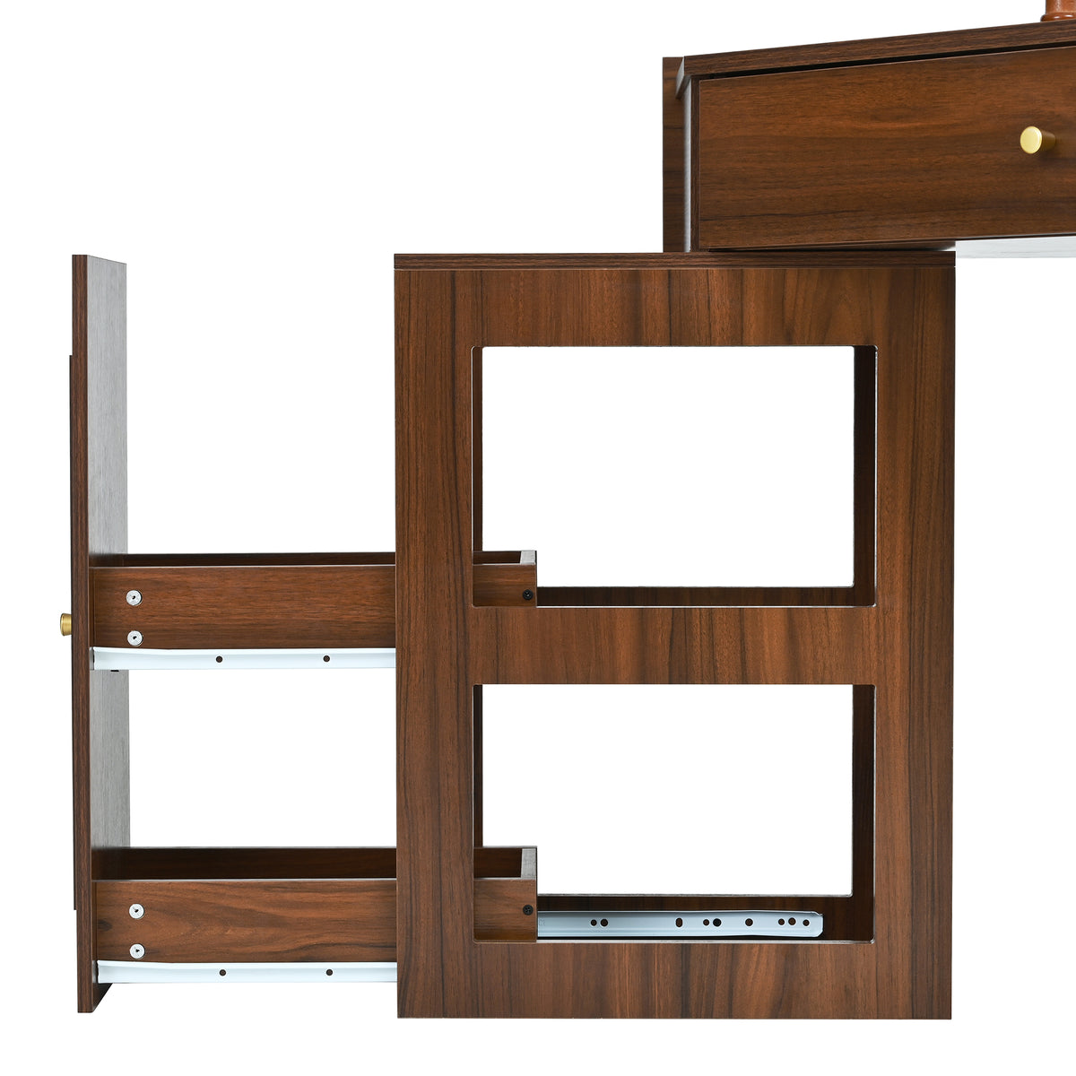 variant-group:rf-n733p336237d|Roomfitters Corner Vanity Desk Set with Stool, Charging Station, Glass Top, Drawer, Shelf, Pull-Out Cabinet, Walnut
