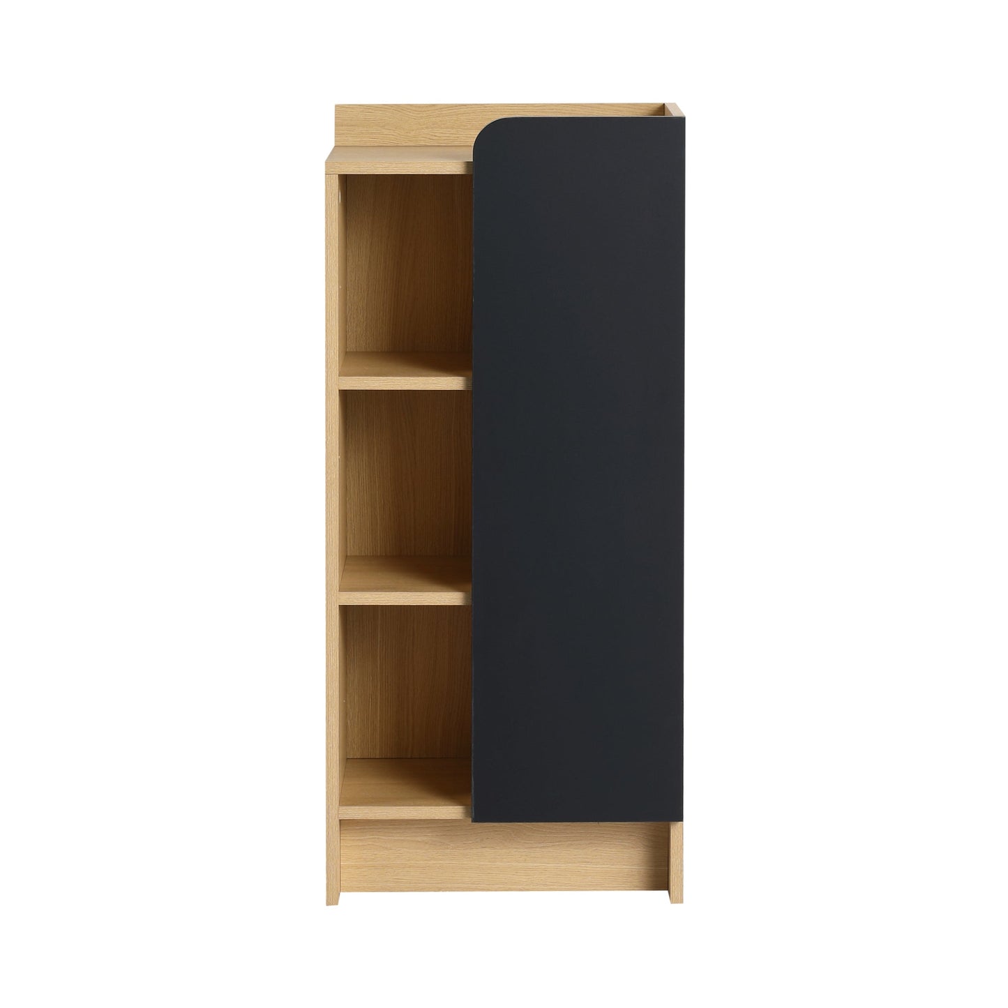 16" Medium Light Oak Freestanding Bathroom Side Cabinet, Narrow Storage Cabinet with Single Door & 3-Tier Open Shelves, KD (Ready-to-Assemble), Dual-Color Door Panels (White & Black), Plywood Construc Roomfitters