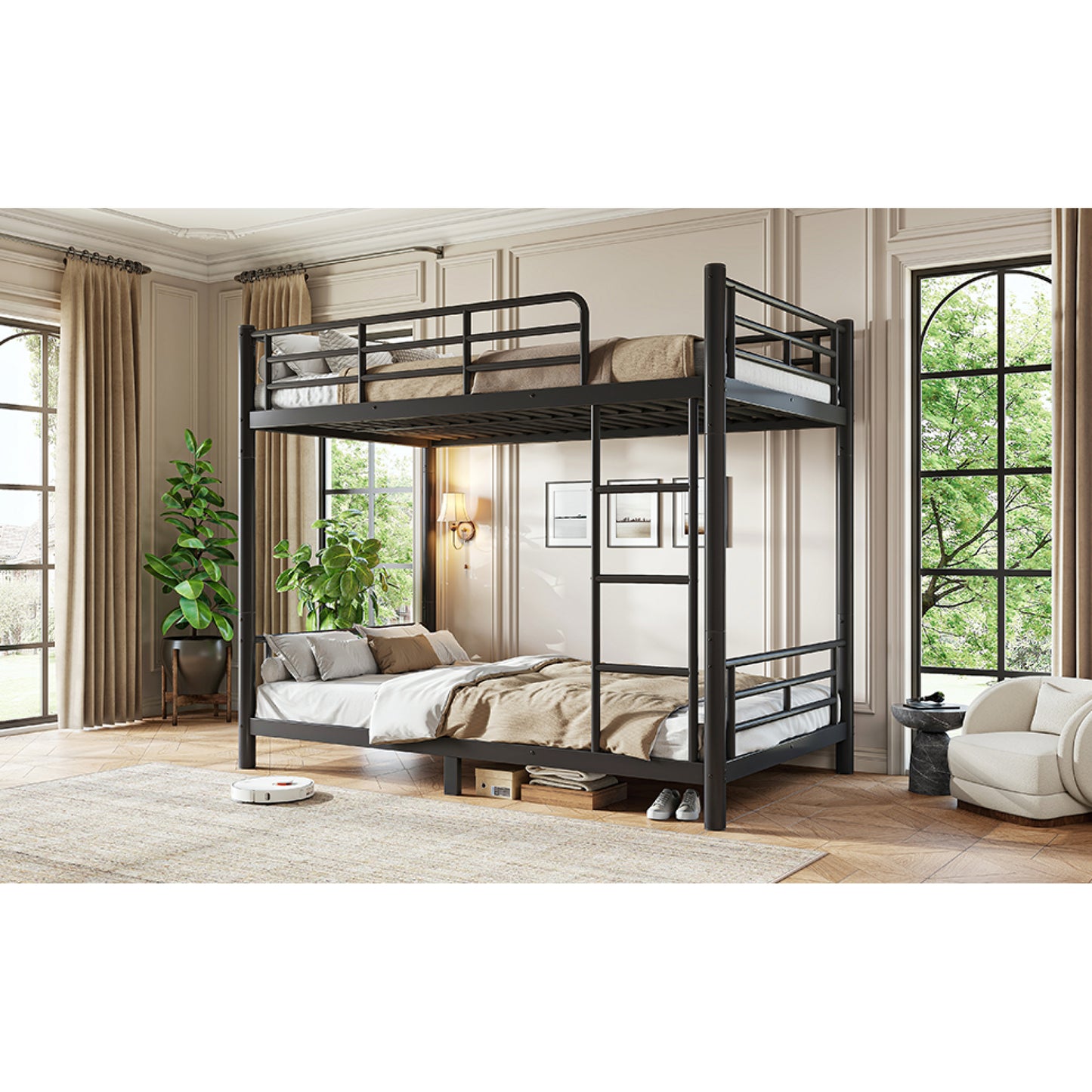 variant-group:rf-w1580p454721|Roomfitters Twin XL over Twin XL Metal Bunk Bed Frame for Teens Adults, Convertible 2 Separate Beds Round Tube, Black