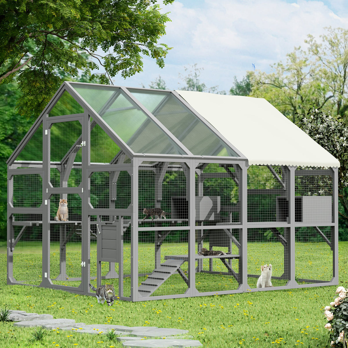 Roomfitters Large Catio Outdoor Cat Enclosure Wooden Cat House with 7 Platforms 2 Resting Boxes and Bridge Gray Roomfitters