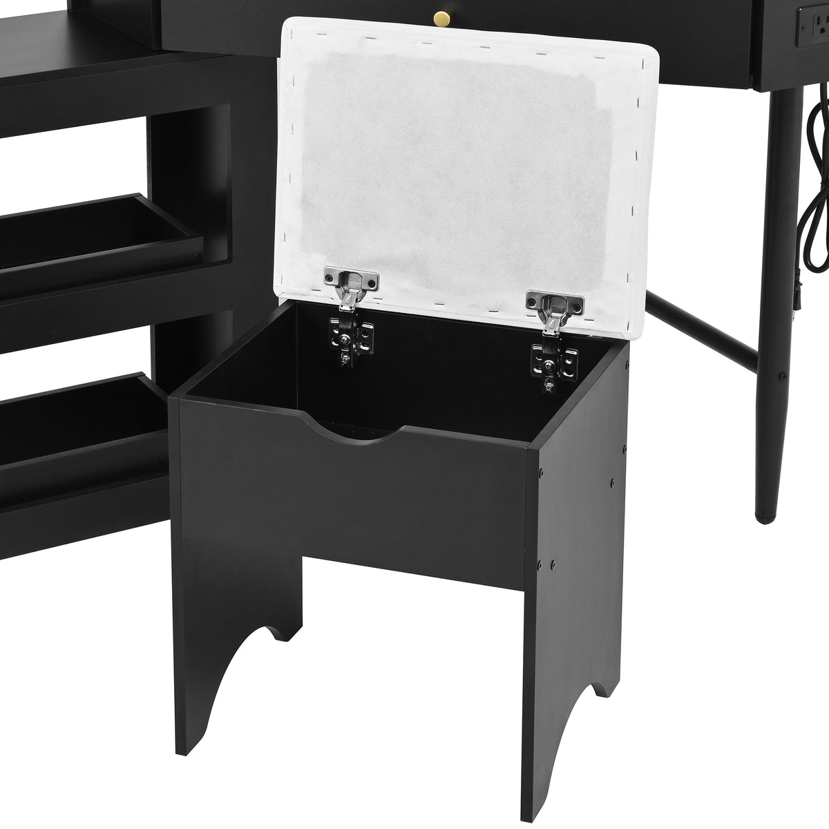 variant-group:rf-n733p336237b|Roomfitters Corner Vanity Desk Set with Stool, Charging Station, Glass Top, Drawer, Shelf, Pull-Out Cabinet, Black