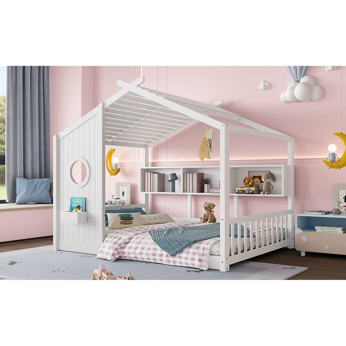 variant-group:rf-n733p335068k|Roomfitters Full Size Floor House Bed with Storage Shelf and Roof Design, Montessori Playhouse Bed, White