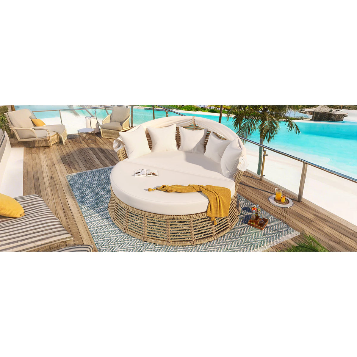 Roomfitters Outdoor Patio Rattan Round Daybed with Retractable Canopy and Removable Wicker Sectional Cushions Roomfitters