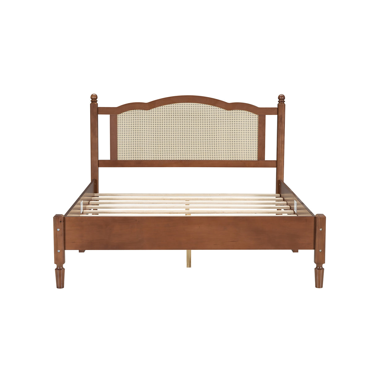 variant-group:rf-n733p180013d|Roomfitters Queen Size Wooden Platform Bed with Natural Rattan Headboard, Stylish Vintage Bed Frame with Durable Wooden Slat Support for a Sophisticated Look, Walnut