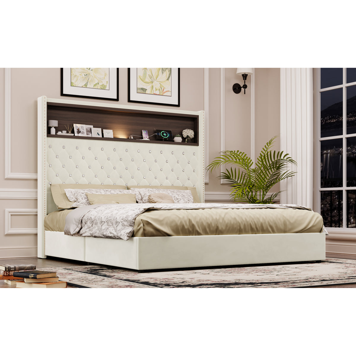 variant-group:rf-n733p367135a|Roomfitters Queen Velvet Tufted Platform Bed with Charging Ports, Tall Wingback Headboard with Rivet Trim and Shelf, Beige