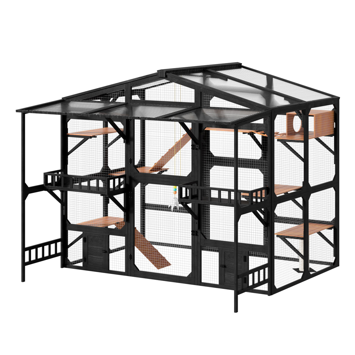 variant-group:rf-n704g201620b|Roomfitters Extra Large Wood Catio Cat Cage Outdoor Kennel with Transparent Sunroof and Dual Storage Shelves Black