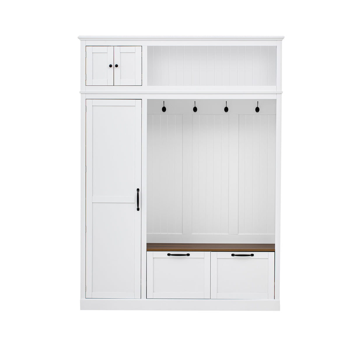 variant-group:rf-n724sj000160aak|Roomfitters 3-in-1 Entryway Hall Tree with Overhead Storage Cabinet, 2 Drawers, White