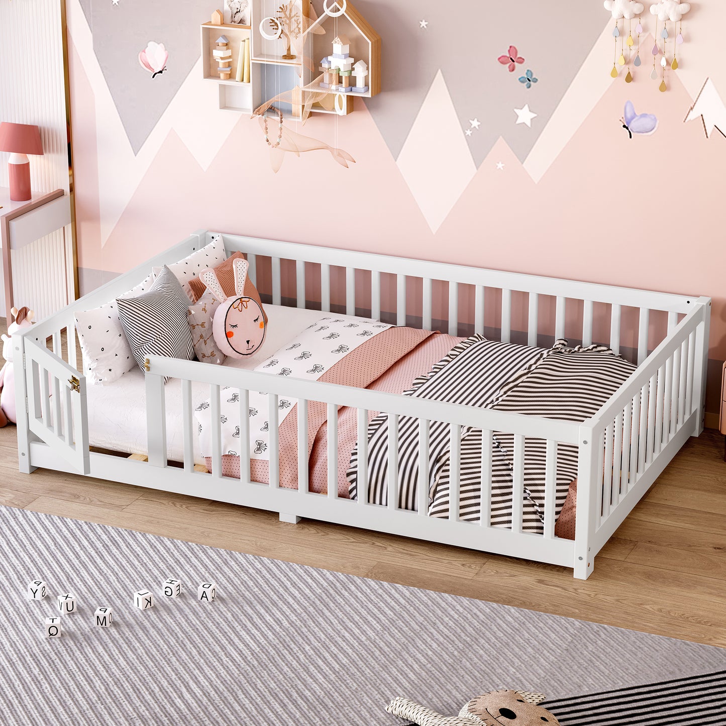 variant-group:rf-w1580p338950|Roomfitters Wooden Full Floor Bed Frame with Door & Safety Guardrails, Low Platform Design for Bedroom or Playroom, White