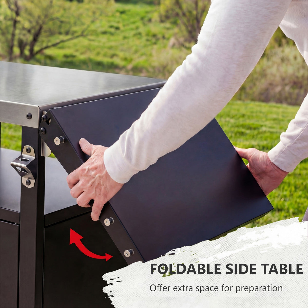 Roomfitters Grill Cart with Stainless Steel Top, Outdoor Kitchen Island, BBQ Prep Station with Trash Bag Holder and Hooks, Black