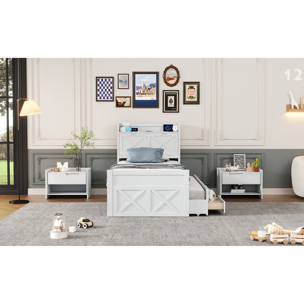 variant-group:rf-n733s172839k|Roomfitters Twin Size Wooden Bed with Storage Headboard, Functional Outlets, Extendable Frame with Twin Trundle and Smart Storage, White