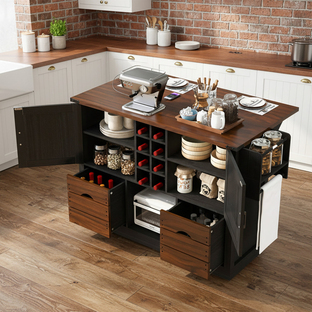 variant-group:rf-n707p349814b|Roomfitters 54" Farmhouse Kitchen Island with Drop Leaf, Power Outlet, Wine Rack, 2 Drawers, 2 Doors, Black