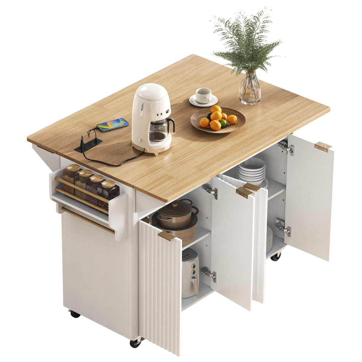 variant-group:rf-n707p353934w|Roomfitters 55.5" Fluted Kitchen Island with Double Drop Leaf, White Storage Cart with Power Outlet & Wood-grain Top