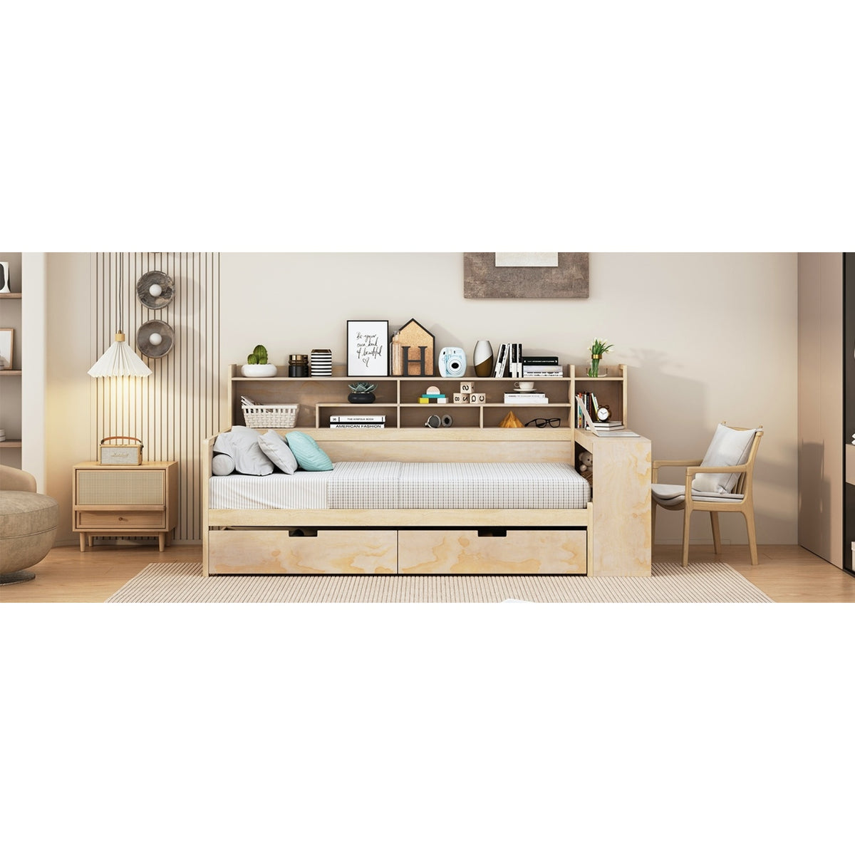 variant-group:rf-n733s241484m|Roomfitters Wooden Twin Size Daybed with Storage Shelves, Multi-functional Bed with Two Storage Compartments and Study Desk, Natural