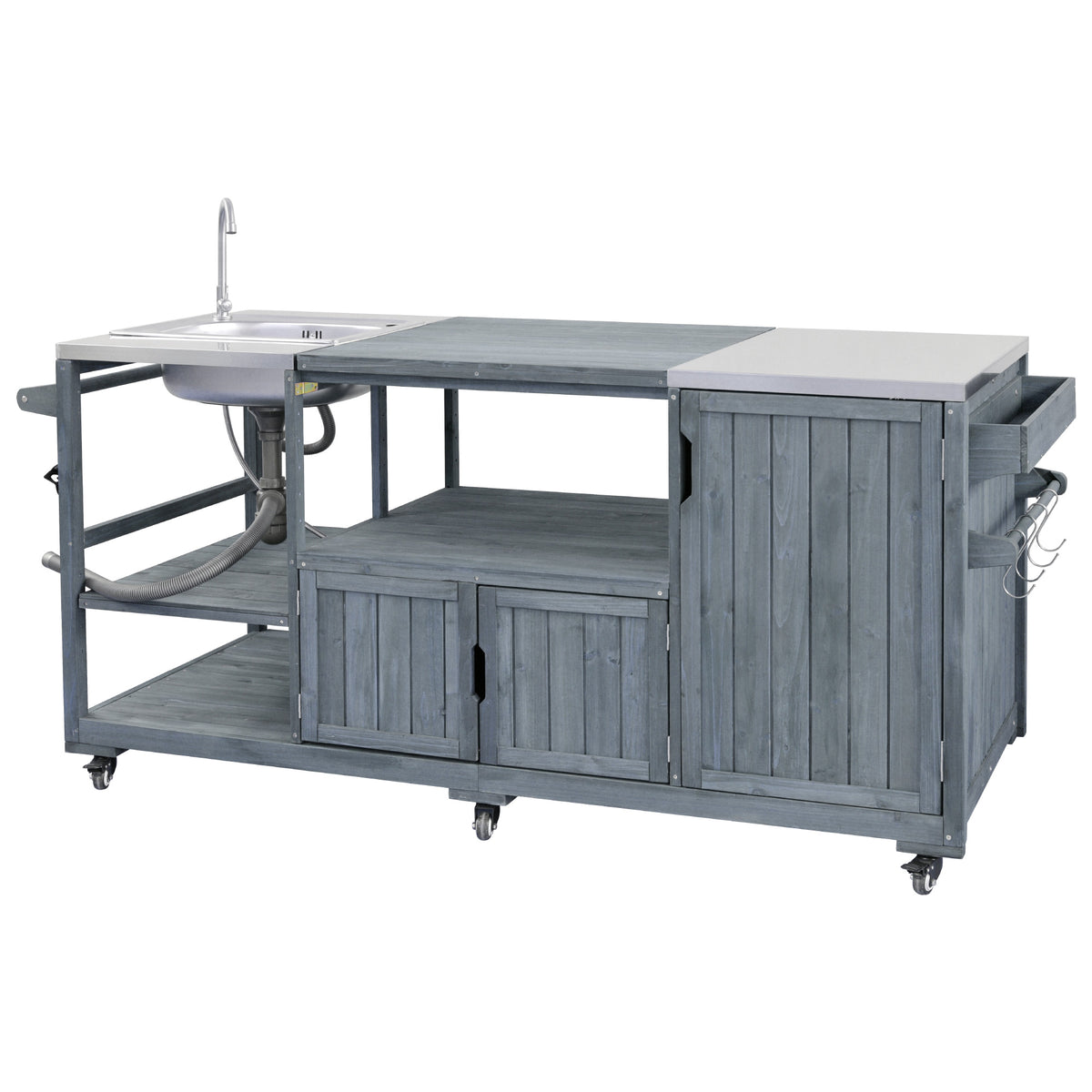 variant-group:rf-n707s000022g|Roomfitters 75.4" Outdoor Kitchen Island with Sink, Fir Wood Grill Cart for XL Green Egg & Tabletop Grills, Grey Blue