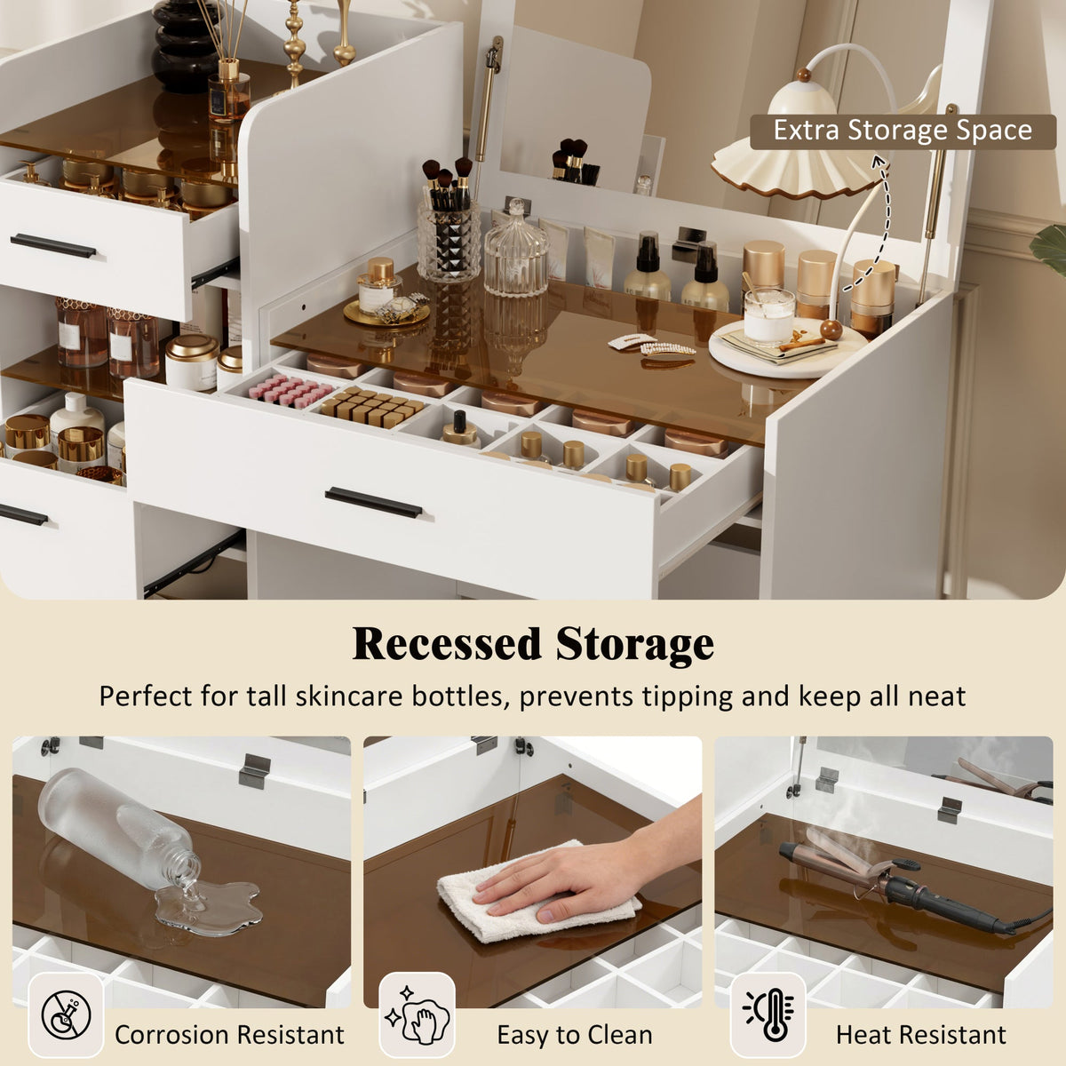 Roomfitters 3-in-1 Compact Space-Saving Vanity Desk with Flip Top Mirror and Amber Tempered Glass Top White Roomfitters