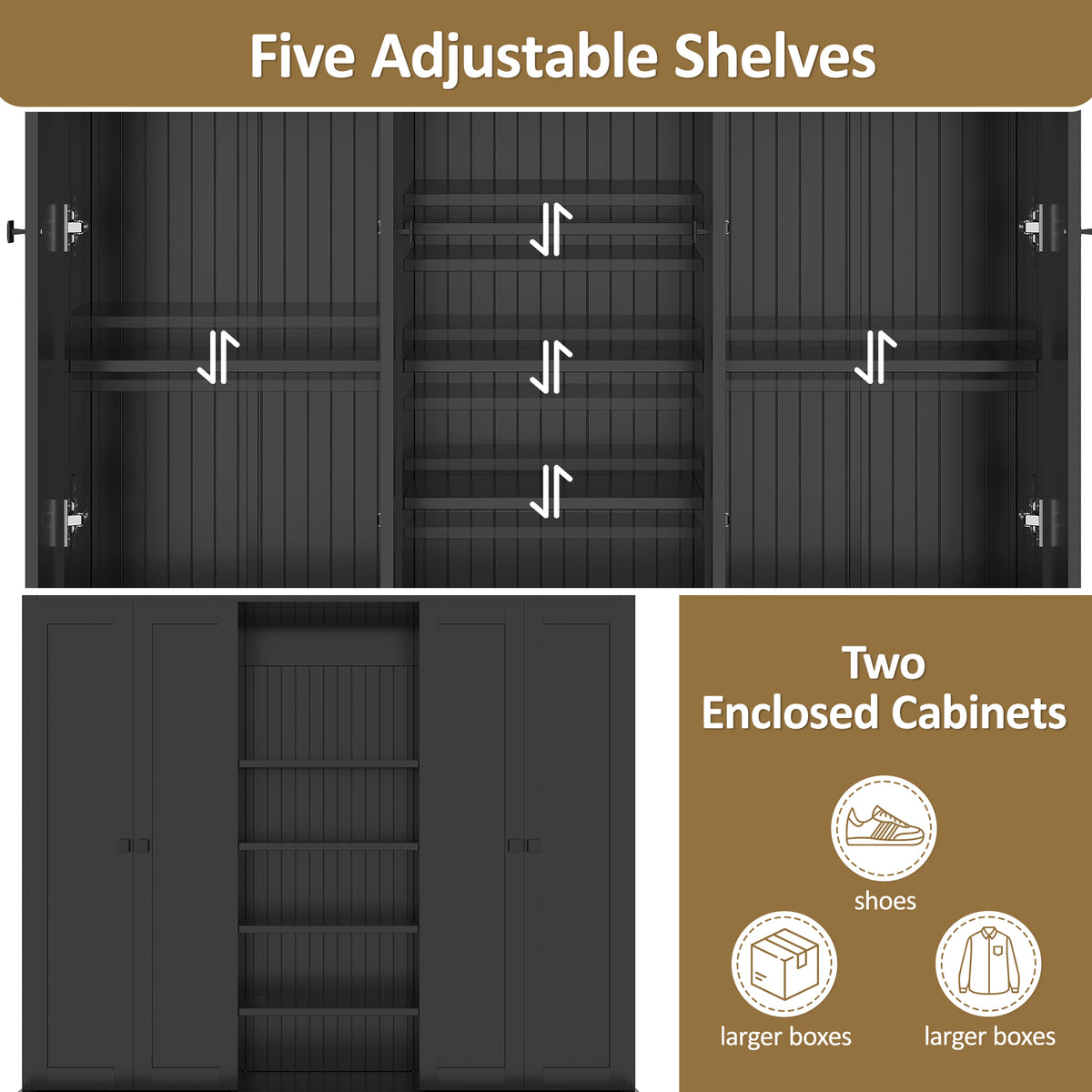 variant-group:rf-n724sj000139aab|Roomfitters 78.7" Hall Tree with Bench, 5 Cubbies, 4 Doors, 5 Drawers, Adjustable Shelves, Black