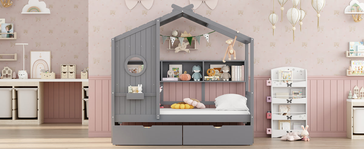 variant-group:rf-n733s308483e|Roomfitters Wooden Twin Size House Bed with 2 Drawers and Storage Shelf, Gray