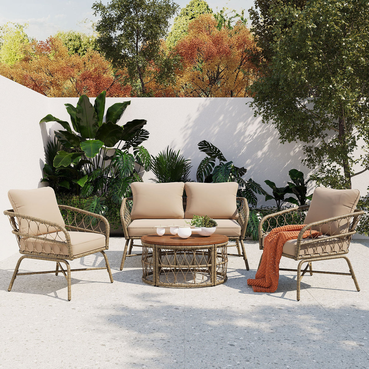 Roomfitters Bohemia-Inspired 4-Person Outdoor Seating Group with Removable Cushions, Conversation Patio Set with Wood Tabletop, Beige Roomfitters
