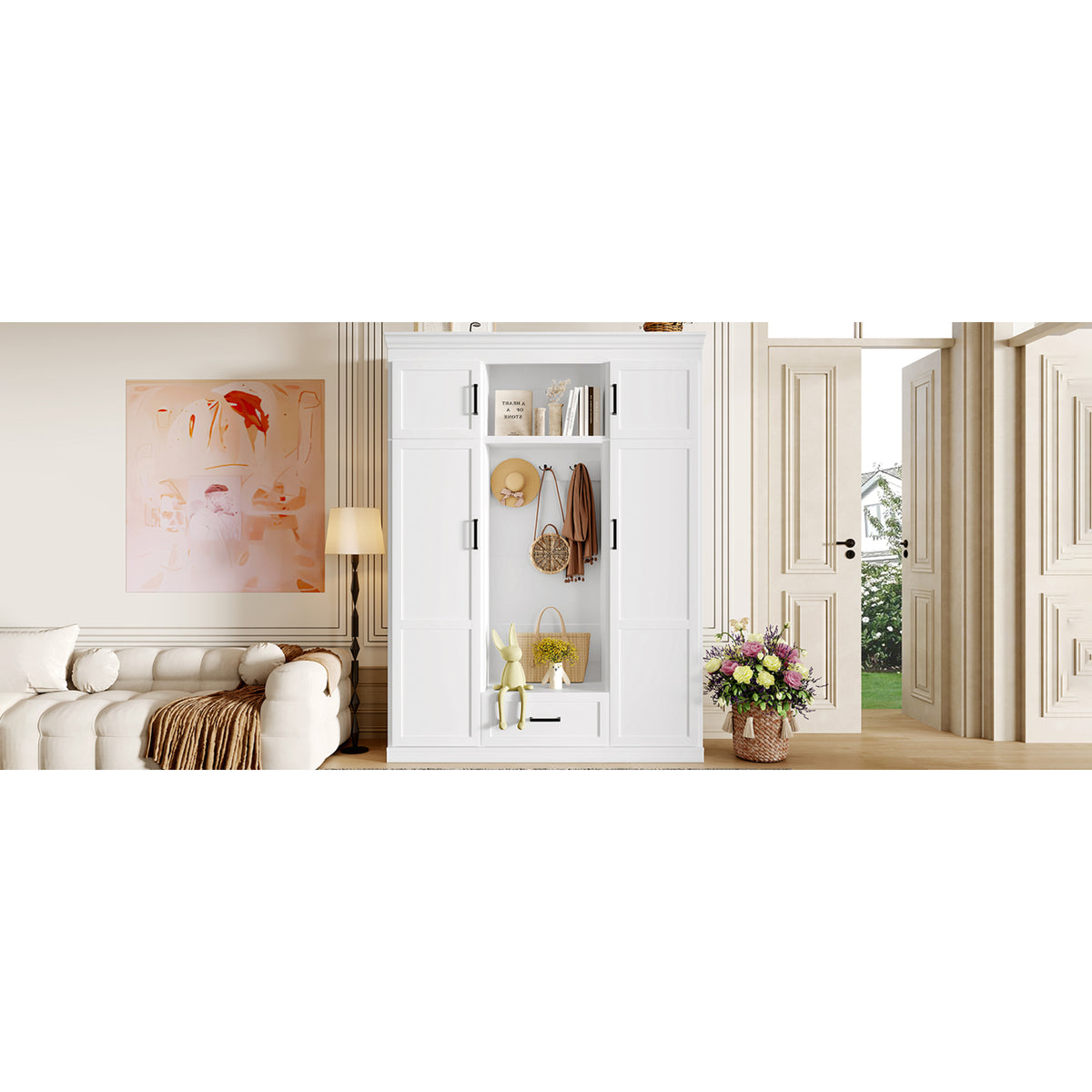 variant-group:rf-n724sj000140aak|Roomfitters 85.2" Hall Tree with Bench, 3 Hooks, 4 Doors, 1 Drawer and Adjustable Storage Shelves, White