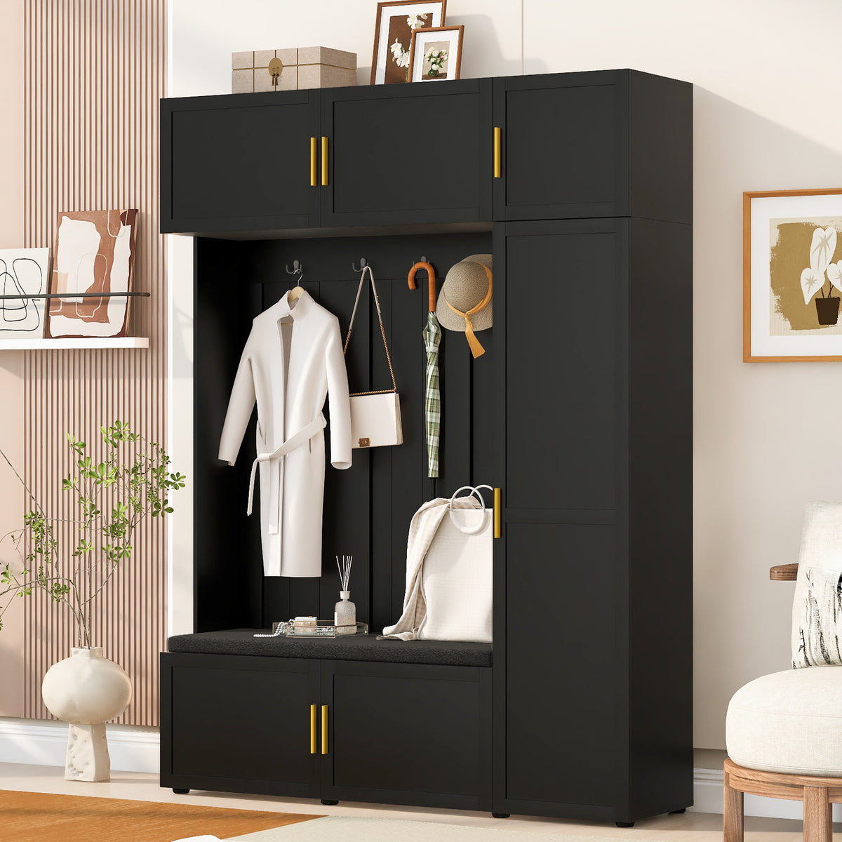 variant-group:rf-n724sj000166aab|Roomfitters American Style 4-in-1 Hall Tree, Upholstered Entryway Bench, Antique Black