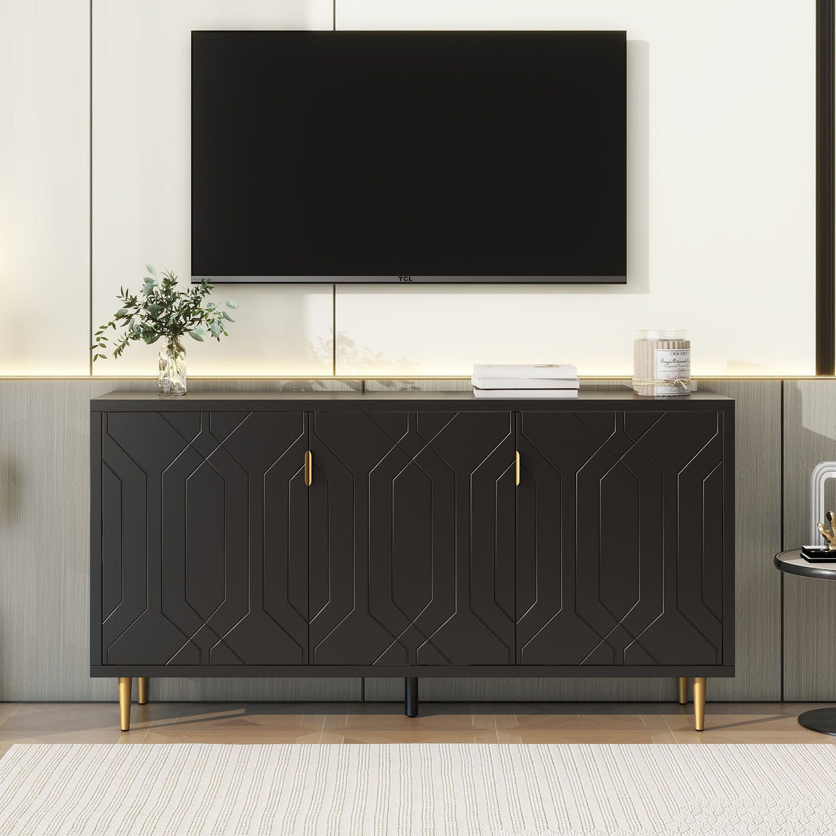 Roomfitters Modern TV Stand with 3 Doors and Adjustable Storage Shelves, Fits TVs up to 70 Inches, Black Roomfitters