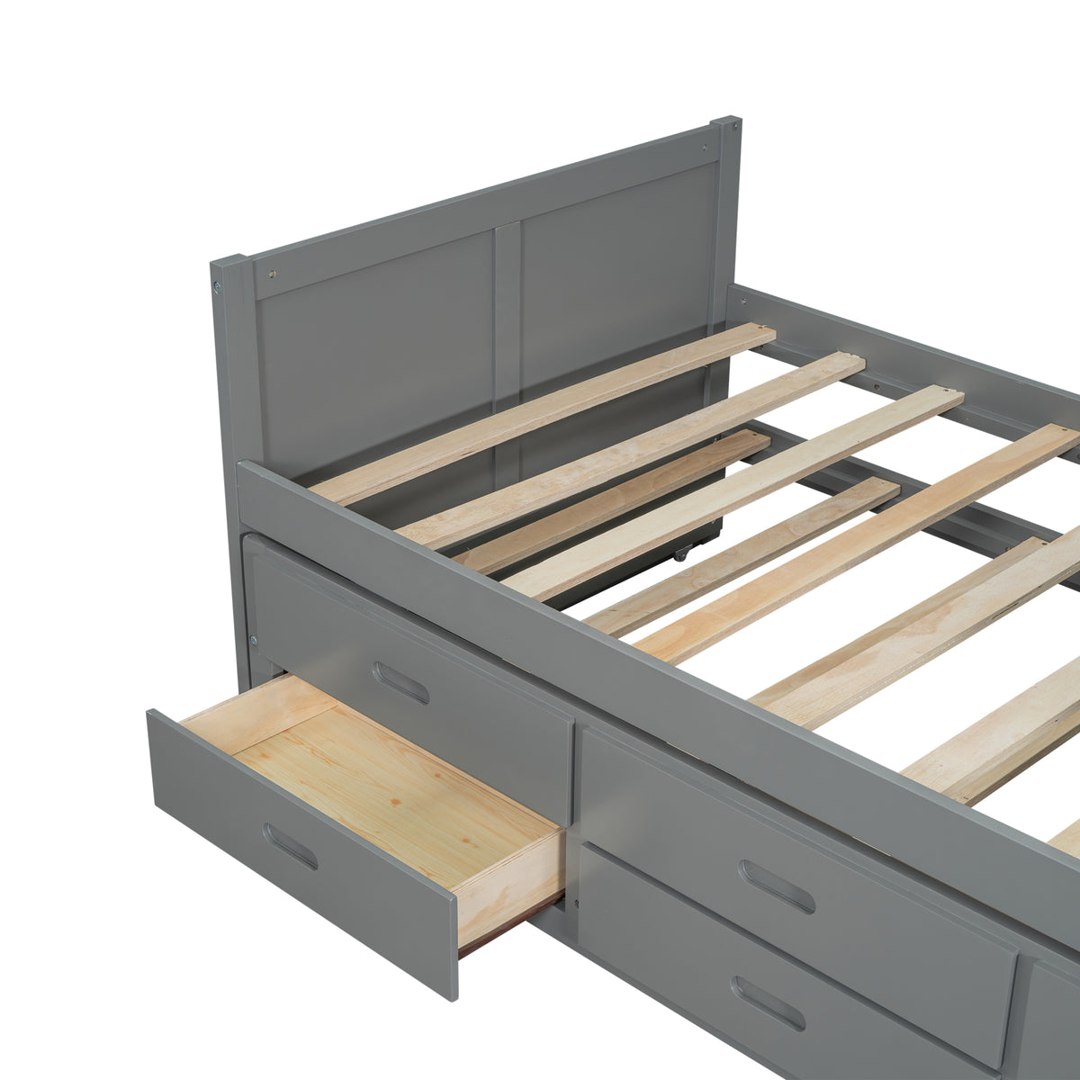 variant-group:rf-n733s212832e|Roomfitters Twin Size Multifunctional Wood Platform Bed with Desk and Storage Shelf, Built-in Trundle and Storage, Grey