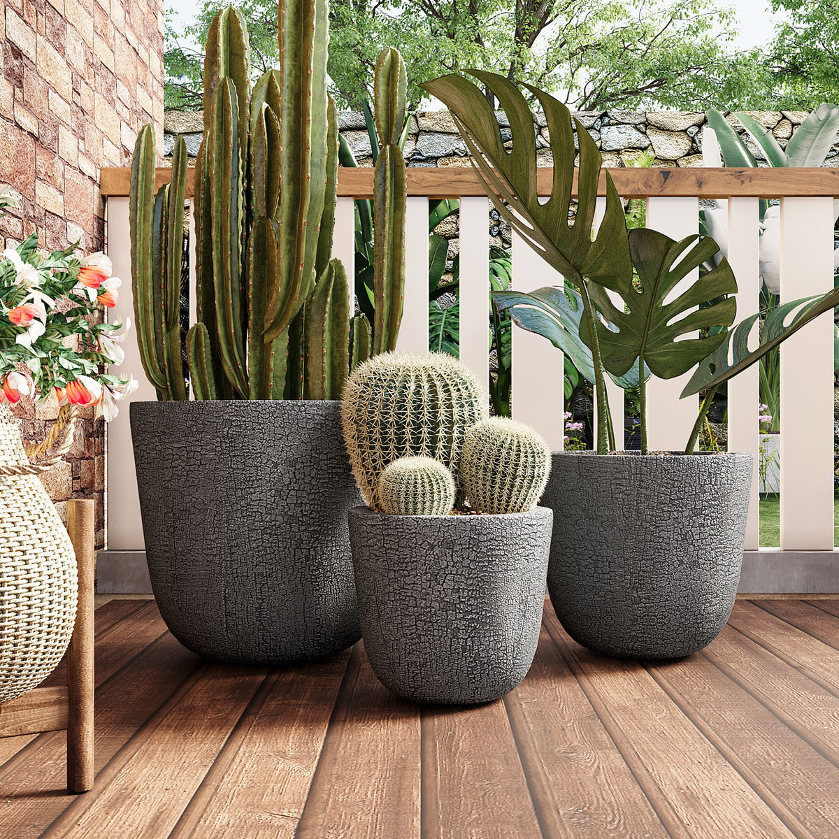 variant-group:rf-n711p406660e|Roomfitters Lightweight MGO Planter Set of 3, Round Weather Resistant Outdoor Indoor Flower Pots for Garden Patio, Gray