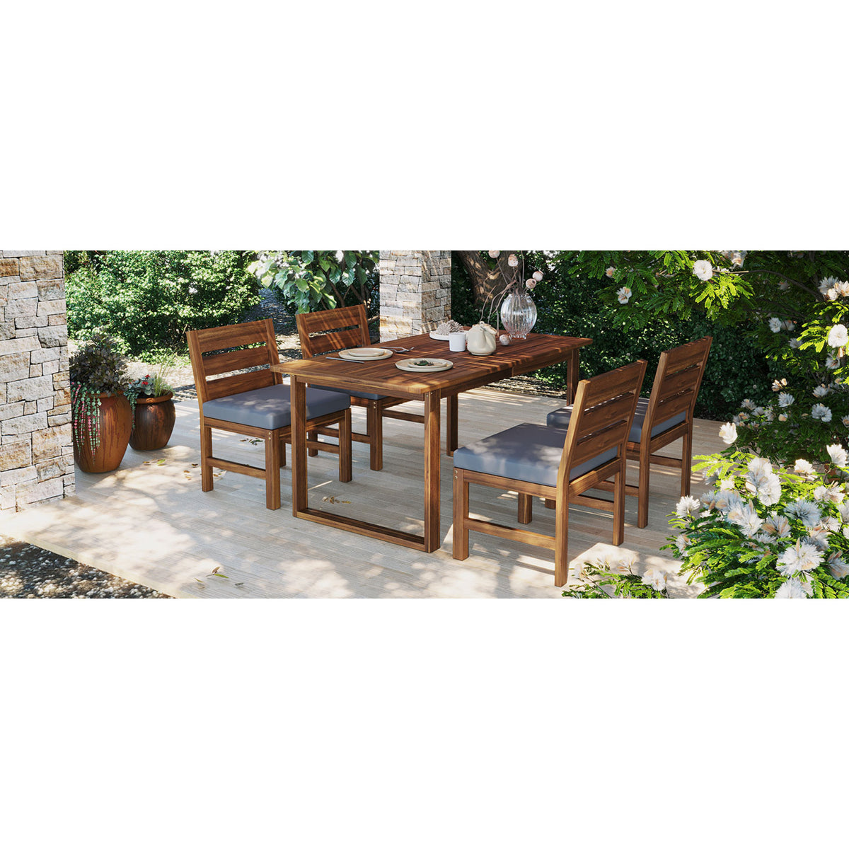 variant-group:rf-n711wy000497aae|Roomfitters Farmhouse 5-Piece Outdoor Dining Set for 4, Acacia Wood Table and Chair Pack, Brown and Grey Slatted
