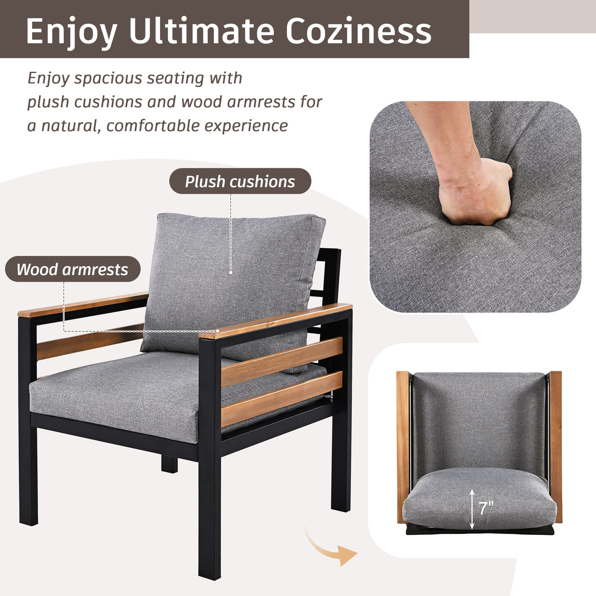 variant-group:rf-n704f201246e|Roomfitters 4-Piece Outdoor Patio Furniture Set with 3-Seater Sofa, 2 Armchairs and Coffee Table, Wood Accents, Grey