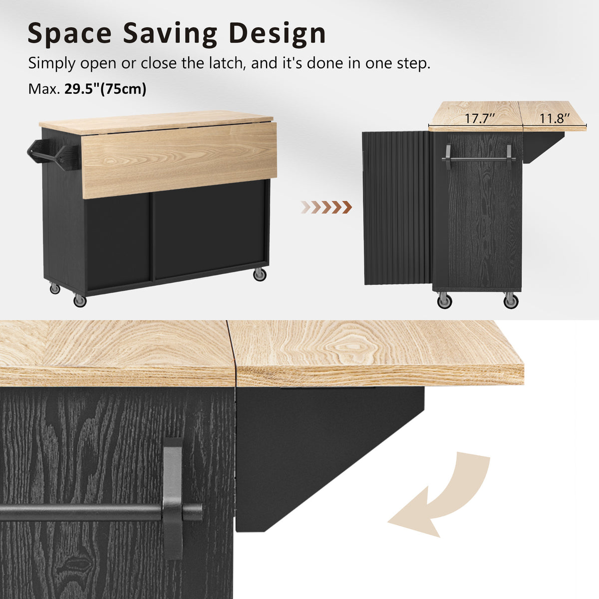 variant-group:rf-n707p221446b|Roomfitters 51" Fluted Kitchen Island with Drop Leaf, Rolling Cart with Storage Rack, Farmhouse Style, Towel Rack, Black