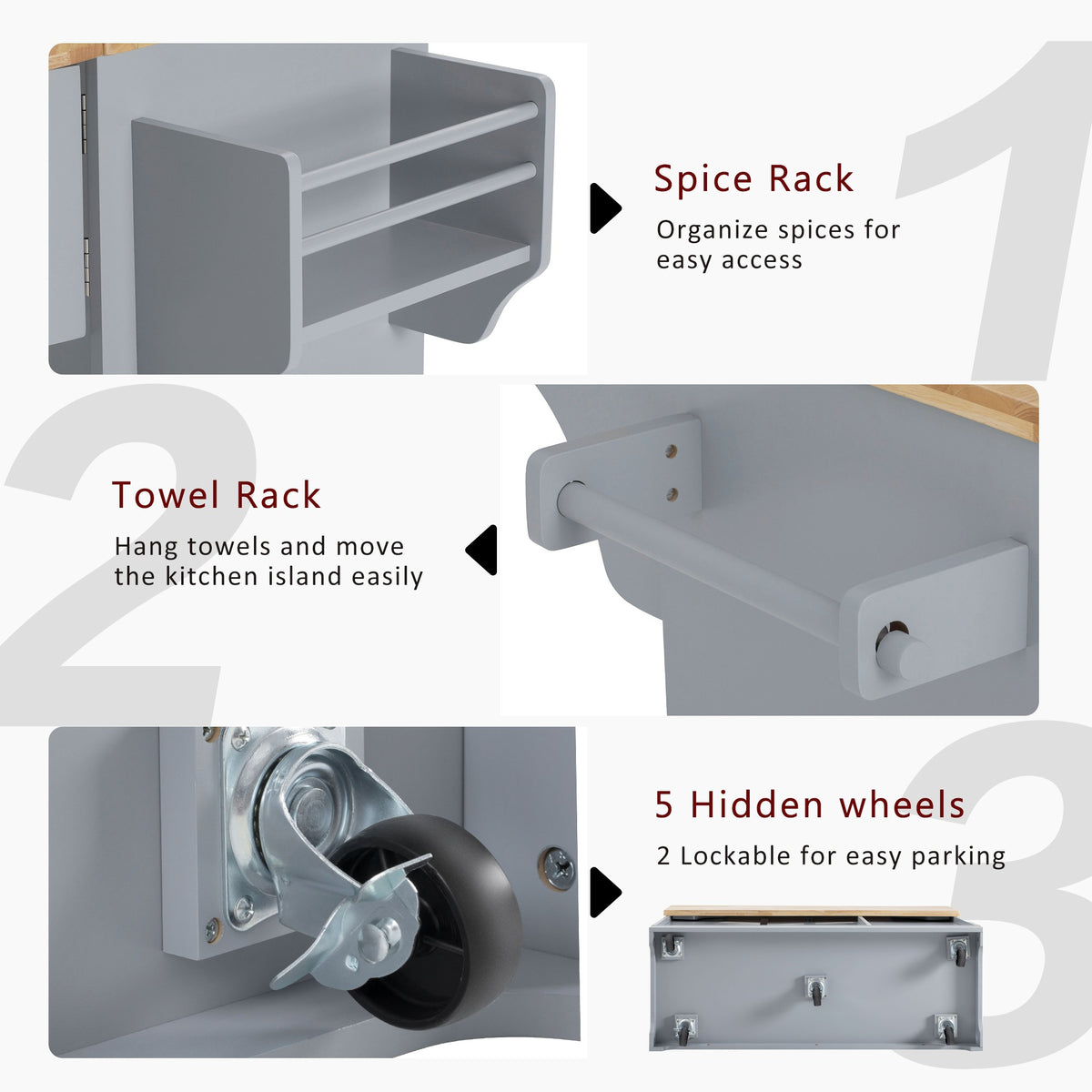 variant-group:rf-n707s299014g|Roomfitters 59.3" Kitchen Island with Power Outlet, Drop Leaf and Double Trash Can Pull Out, Rolling Cart, Grey+Blue