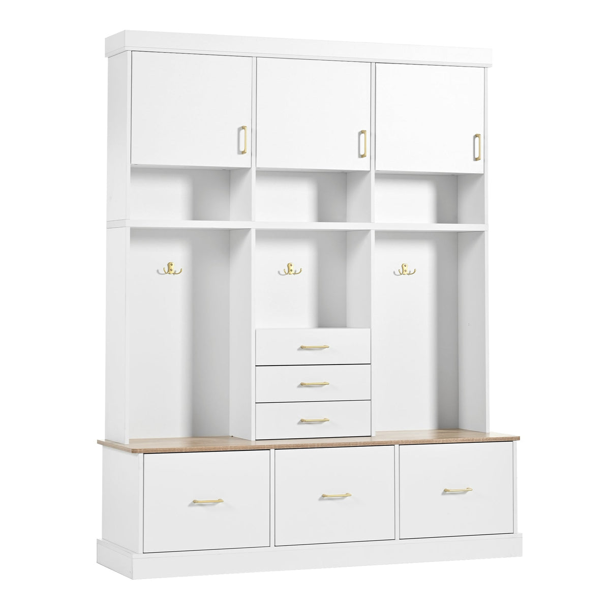 Roomfitters 5-in-1 Modern Entryway Hall Tree, 6 Drawers, 3 Wardrobe Cupboards, White Roomfitters