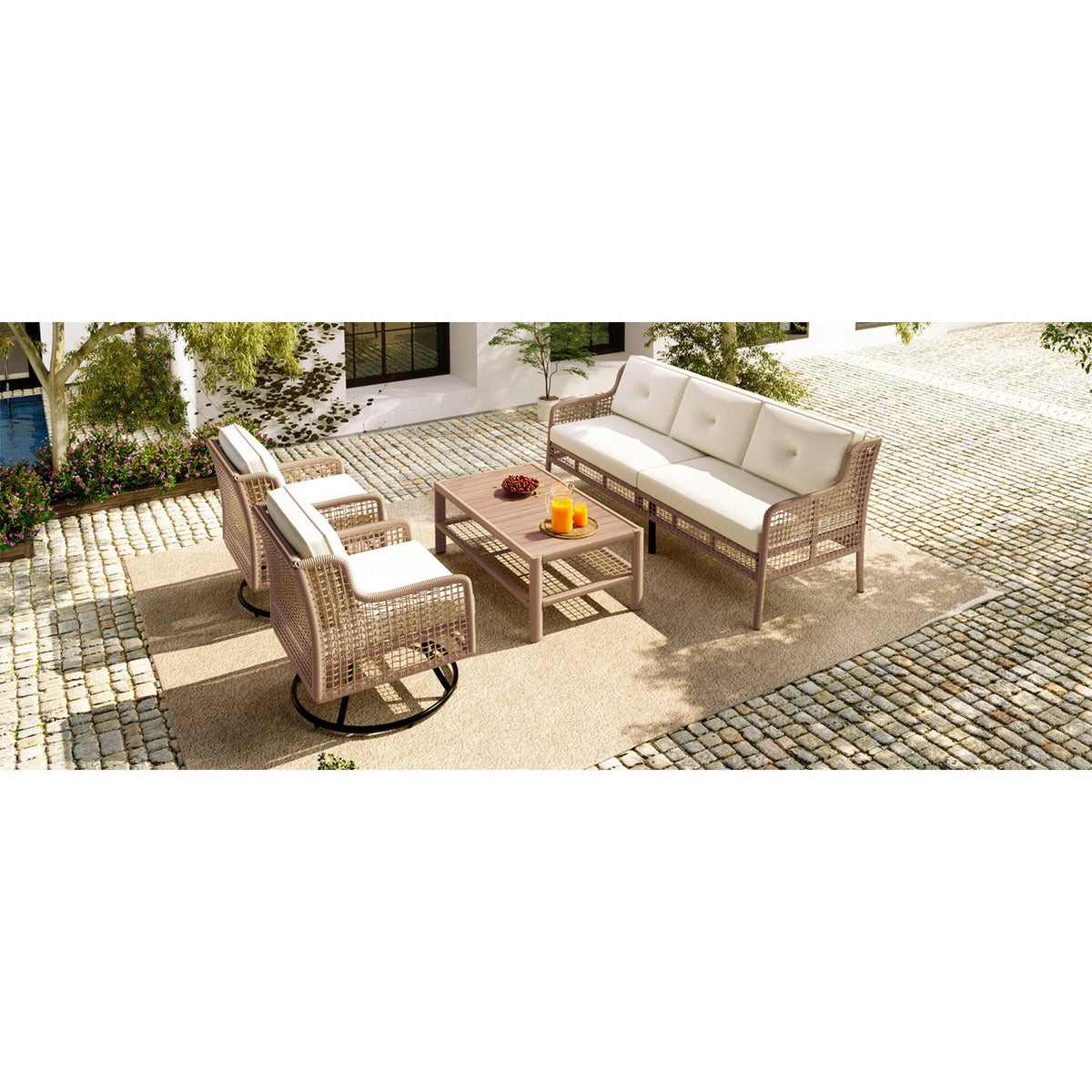 Roomfitters 4-Piece Patio Furniture Set with 360-Degree Swivel Rocking Chairs and Storage Coffee Table Beige Roomfitters