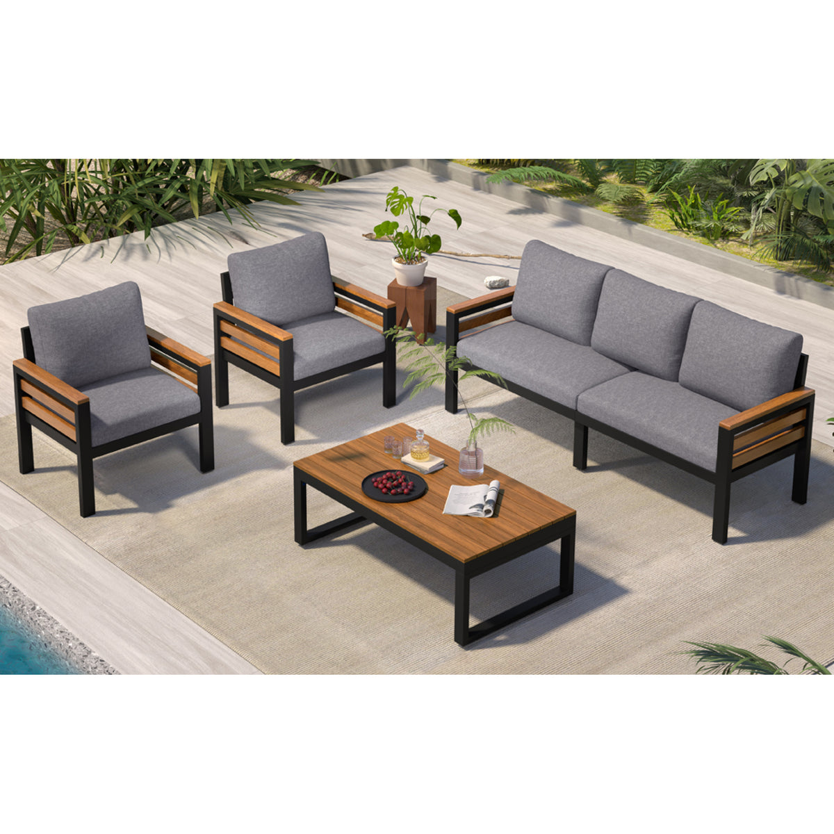 variant-group:rf-n704f201246e|Roomfitters 4-Piece Outdoor Patio Furniture Set with 3-Seater Sofa, 2 Armchairs and Coffee Table, Wood Accents, Grey