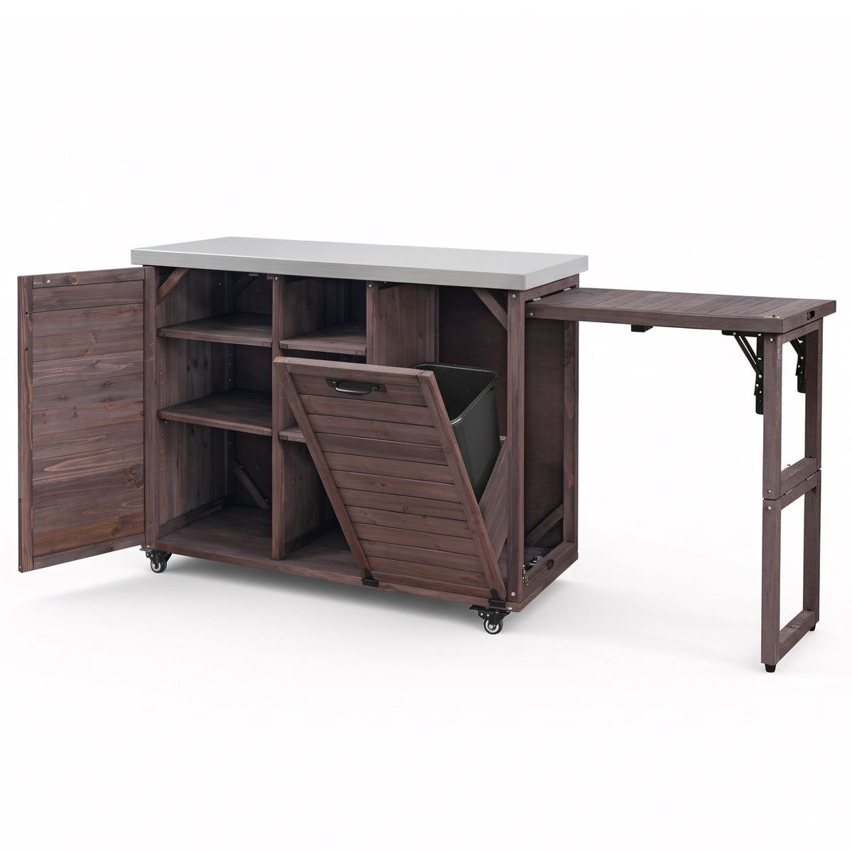 variant-group:rf-n707p370276z|Roomfitters 78.3" Outdoor Kitchen Island with Foldable Grill Table, Stainless Steel Top & Tilt Trash Can Storage, Dark Brown