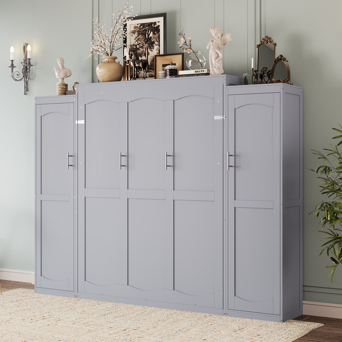 variant-group:rf-n733s235596e|Roomfitters Full Murphy Wall Bed with Two Wardrobes and Storage Shelf, Foldable Platform Bed Frame for Guest Room, Gray